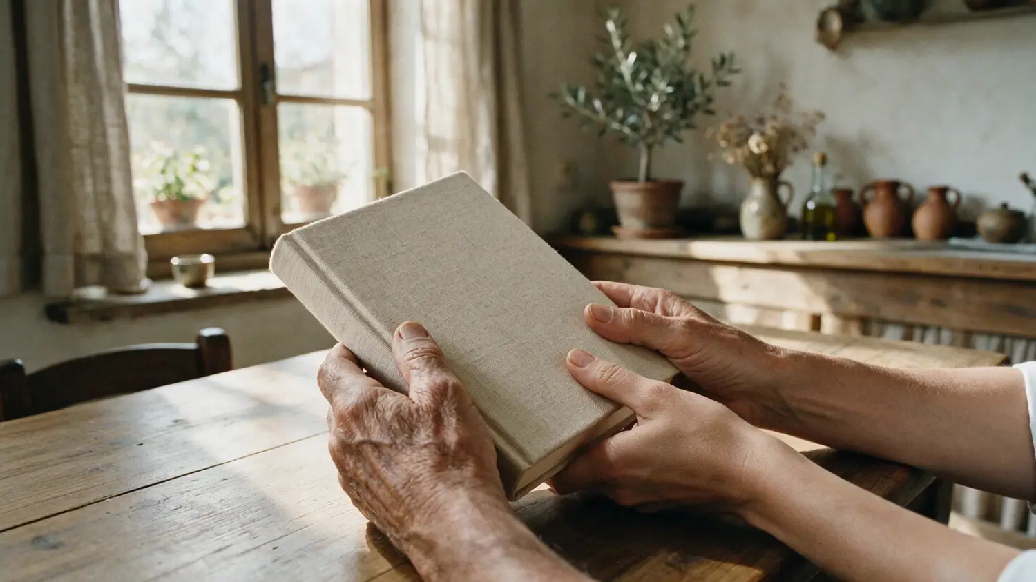 Le mani di un uomo anziano e quelle di una donna più giovane aprono insieme un libro rilegato in tela.