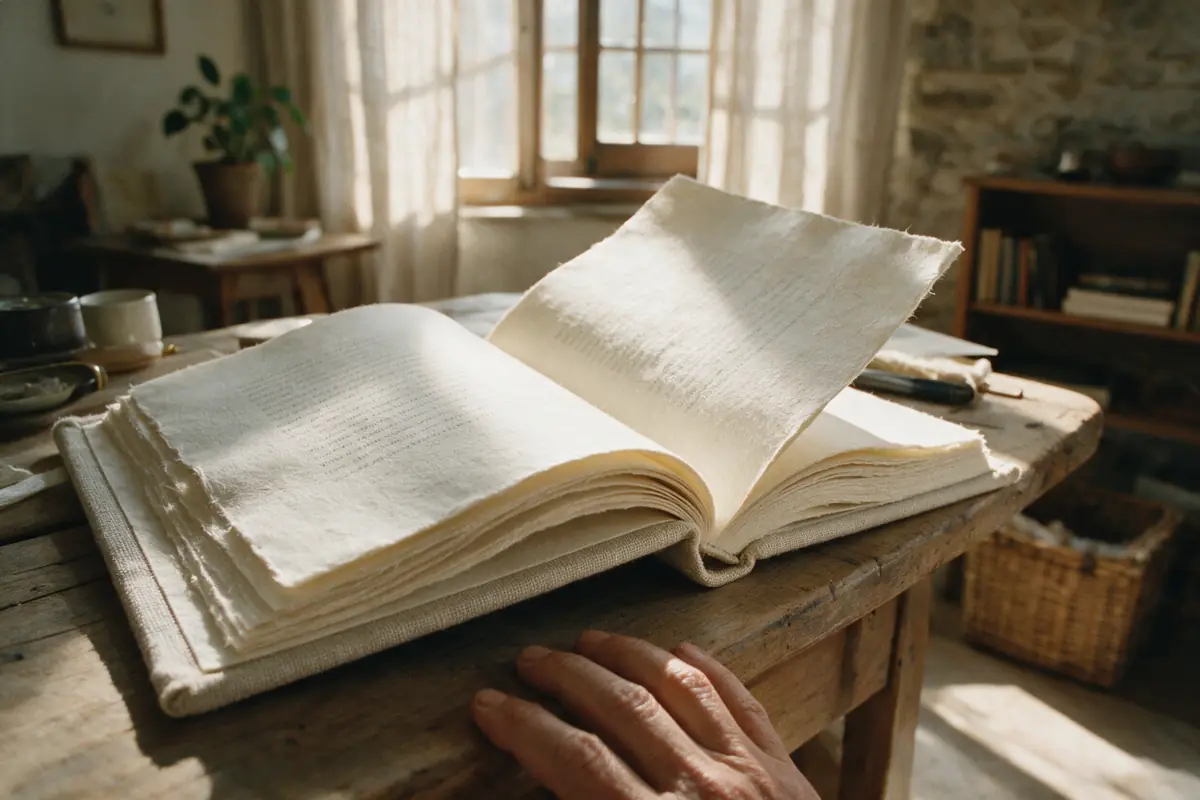Le pagine aperte di un libro rilegato in tela sul tavolo, nella luce del pomeriggio.