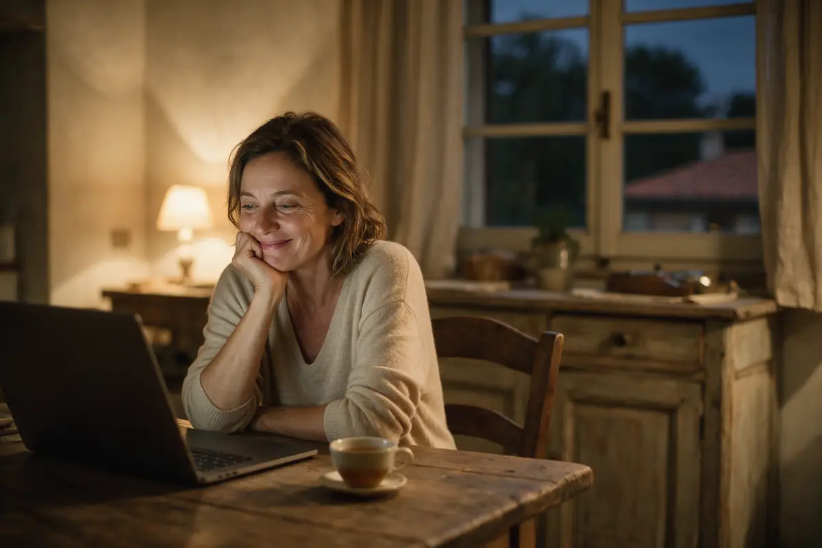 Una donna sui cinquant’anni seduta al tavolo di cucina la sera, davanti a un computer portatile.