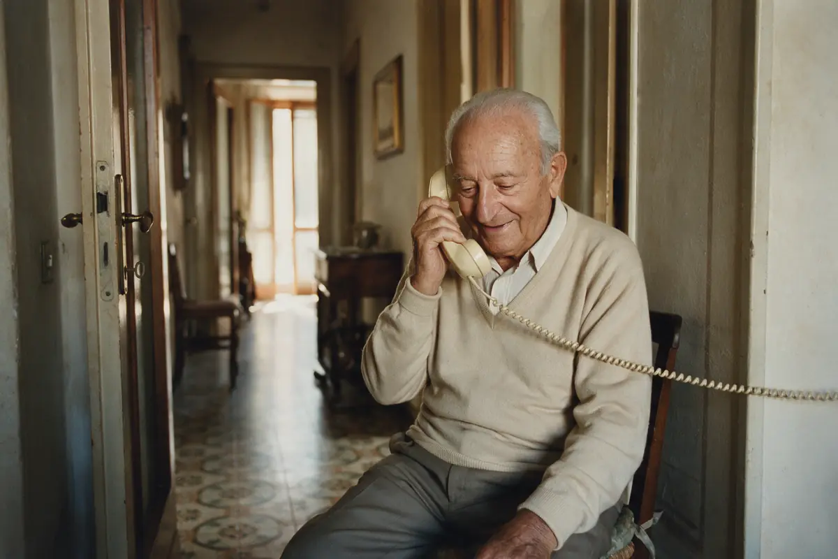 Un uomo anziano nel corridoio di casa ascolta con il ricevitore del telefono all’orecchio.