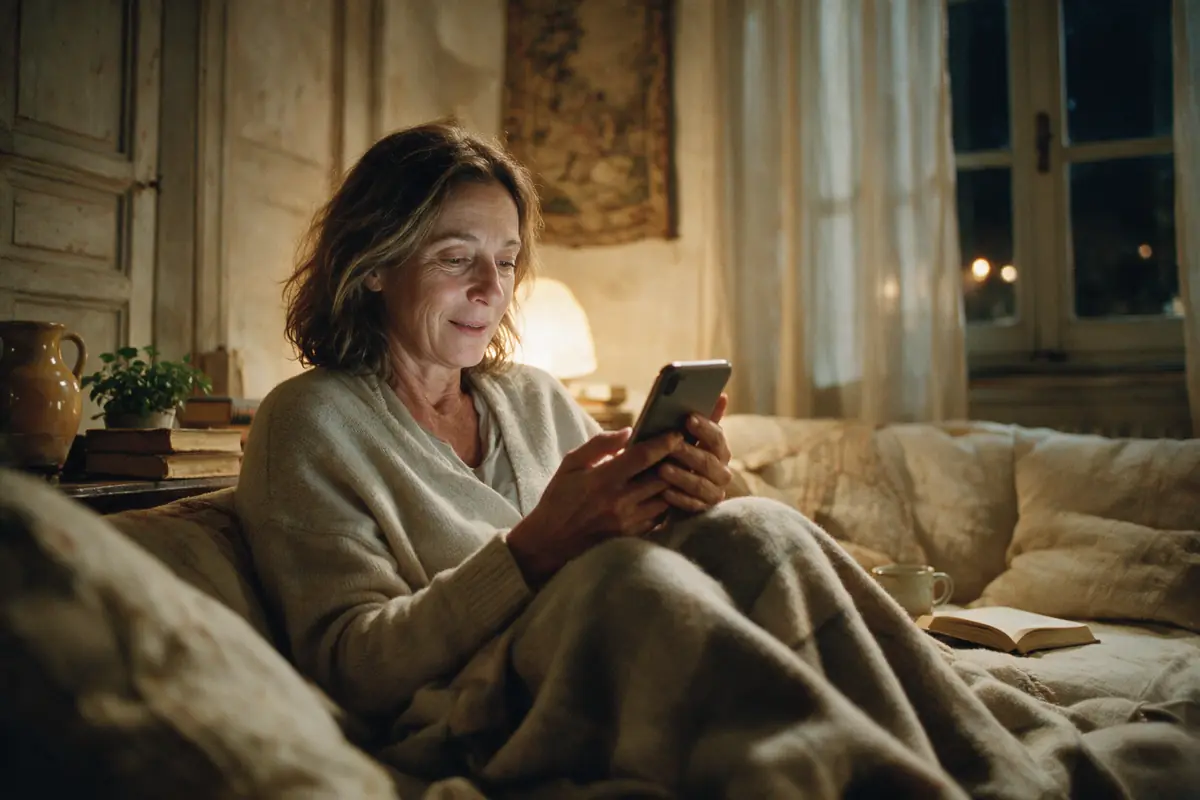 Una donna legge dal telefono sul divano, la sera, con una coperta sulle gambe.